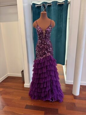 Purple Sequin & Ruffle Corset-Back Gown